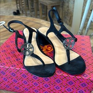 Tory Burch Black Velvet Sandal with Crystal Logo